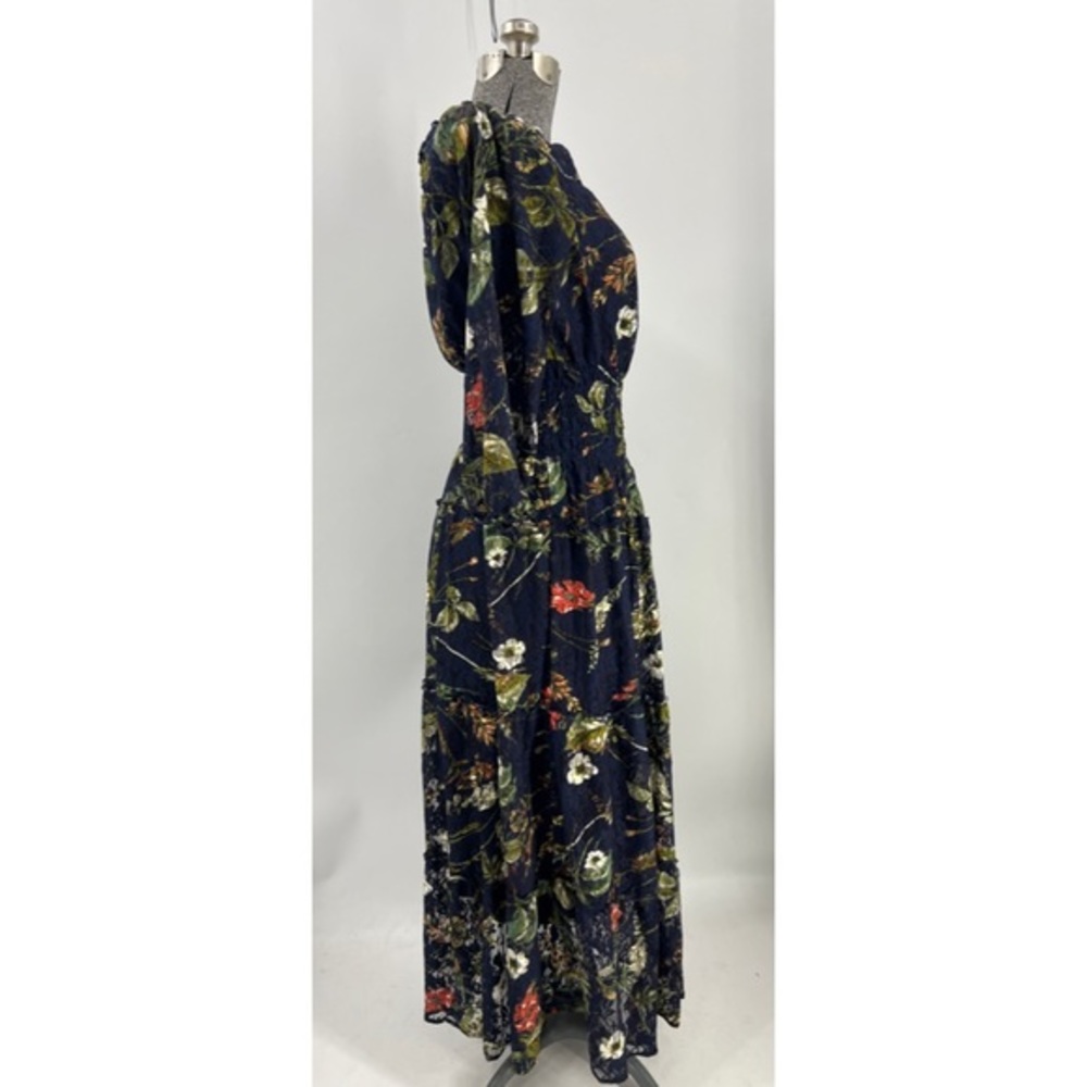 Figueroa&Flower floral lined mesh smocked waist, puff sleeve tiered maxi dress M